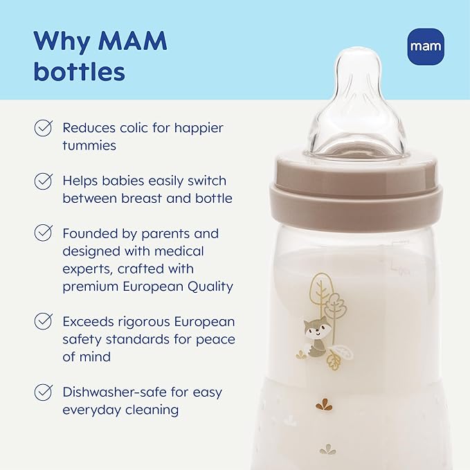 MAM 9oz Easy Start Anti-Colic Wide Neck Baby Bottle, Medium Flow Breastfeeding-Like Nipple, Reduces Colic Gas & Reflux, Easy to Clean, BPA Free, 2+ Months, Bonus Fast Flow Nipple, 4 Pack