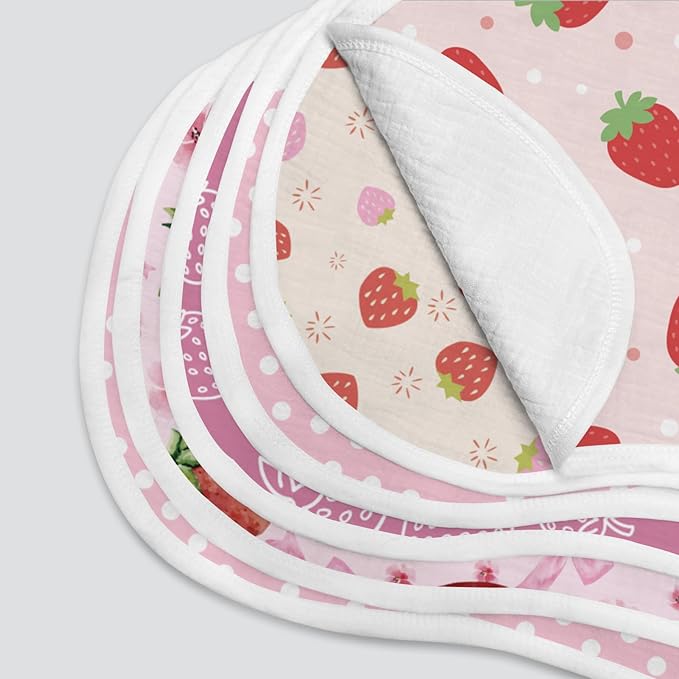 5-Pack Baby Burp Cloths for Girls, 100% Muslin Cotton Super Absorbent Burping Rags, Ultra Soft Large Washcloths with Sweet Strawberry & Floral Prints, Newborn Baby Essentials Gift Set