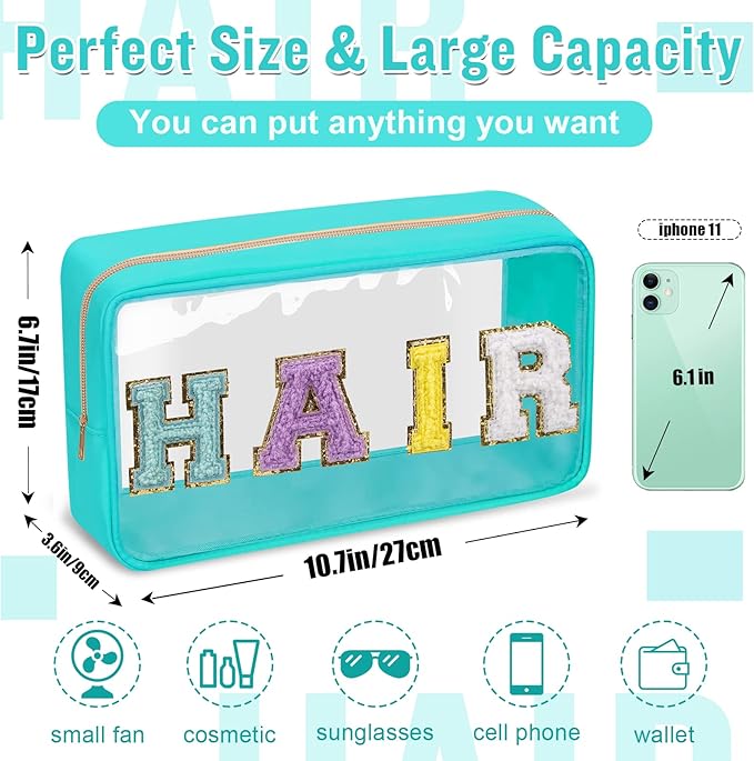 Chenille Letter Clear Makeup Bags Hair Pouch, Preppy Patch Makeup Bag with Zipper, Transparent PVC & Nylon Waterproof Portable Glitter Cosmetic Bag Travel Toiletry Storage for Women Girl(HAIR-Green)