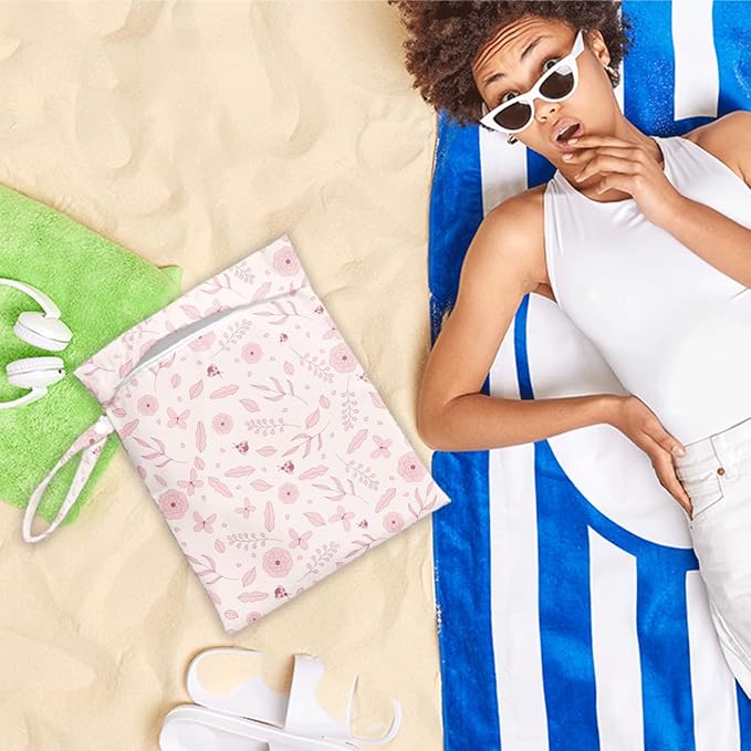 Wet Bag for Swimsuit Pool Travel Baby Cloth Diapers Dirty Yoga Gym Clothes Beach Bags Summer Gifts for Women Men Beach Vacation Essentials Pink Flowers Waterproof Wet Dry Bag Travel Laundry Bags