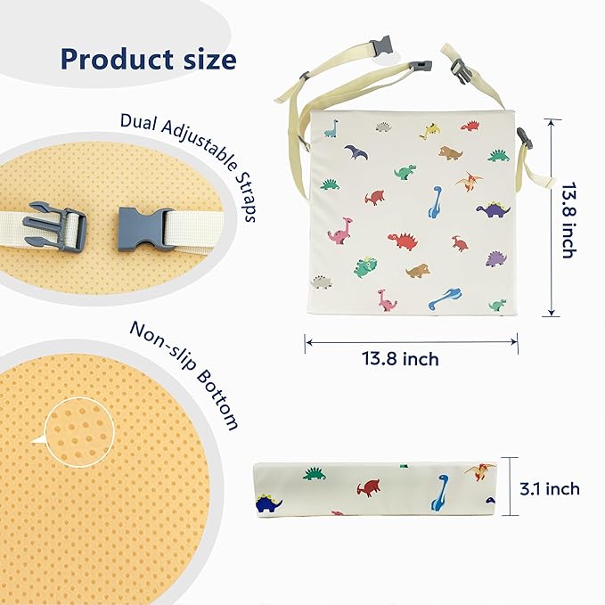Toddler Booster Seat for Dining Table, Waterproof & Easy-to-Clean PU Cover, Safety Certified, Portable Booster Seat for Kitchen Chairs (Beige - Dinosaur)