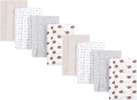 Hudson Baby Cotton Poly Flannel Burp Cloths Multipack, Hedgehog 8-Pack, One Size