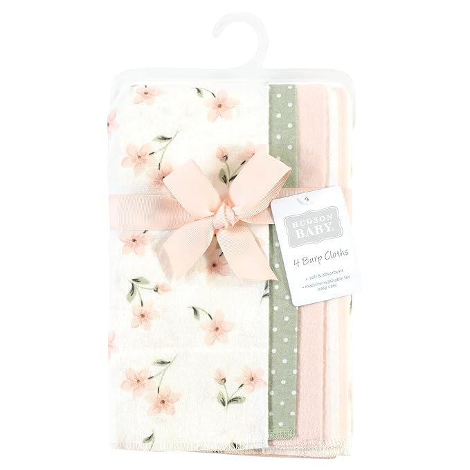 Hudson Baby Unisex Baby Cotton Flannel Burp Cloths, Pink Dainty Floral 4 Pack, One Size