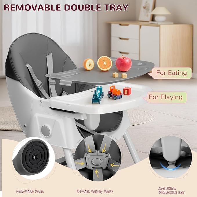 Ktaxon Foldable Baby High Chair, 2-in-1 Portable Convertible Highchair with 5-Point Safety Harness, Easy to Clean Tray and Storage Bag for Toddlers & Babies, Grey