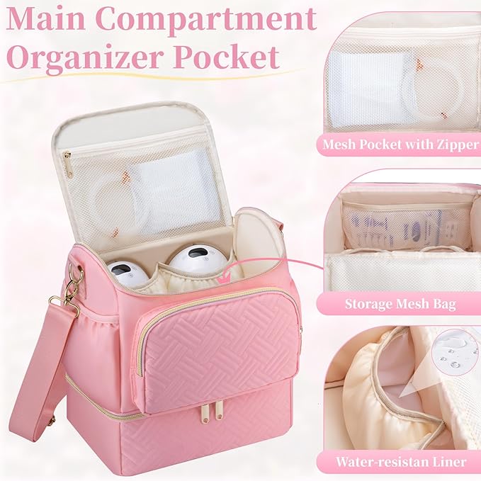 Wearable Breast Pump Bag with Cooler Compartment Compatible with Willow/Elvie/Medela/Momcozy M5/S12 Pro, Breast Milk Cooler Travel Bag with Ice Pack & Mat, Pumping Bags for Work, Pink