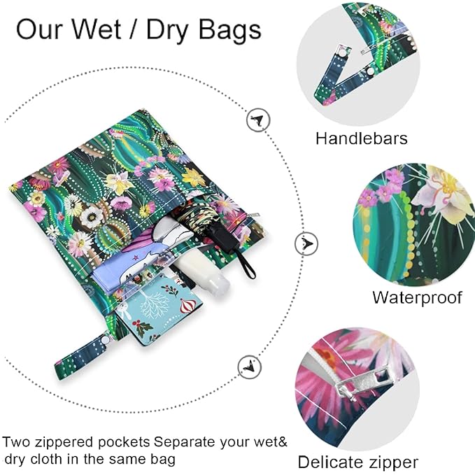 visesunny Green Cactus with Flower 2Pcs Wet Bag with Zippered Pockets Washable Reusable Roomy for Travel,Beach,Pool,Daycare,Stroller,Diapers,Dirty Gym Clothes, Wet Swimsuits, Toiletries