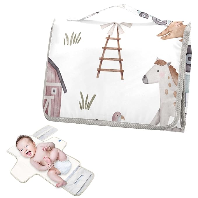 Farm House Animals Portable Diaper Changing Pad - Waterproof Foldable Baby Diaper Changing Pad with Built-in Pillow, Travel Diaper Changing Mat for Newborn Baby
