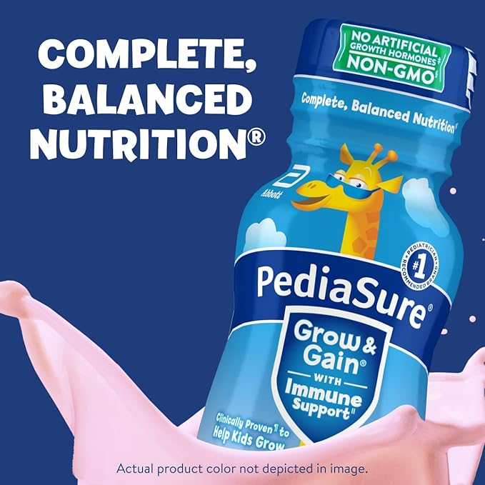 PediaSure Grow & Gain with Immune Support, 27 Vitamins & Minerals for Kids, 7g Protein, Non-GMO, Gluten-Free, Strawberry, 8-fl-oz Bottle, Pack of 24