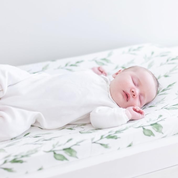 Crane Baby Changing Pad Cover, 100% Cotton Sateen Exterior, Green Nursery Decor, Floral Leaf Baby Changing Table Pad Cover, Fits Standard 16" x 32", Jungle Nursery Decor, Change Table Sheets