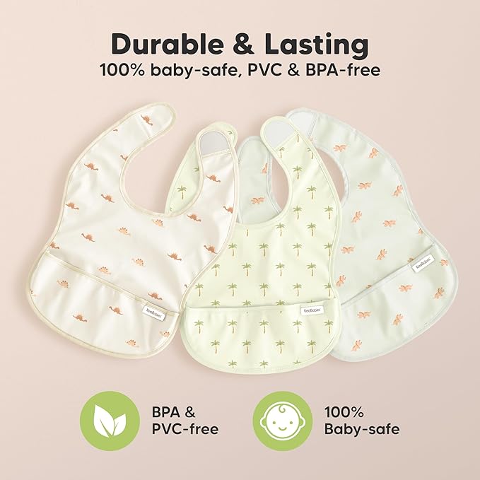 KeaBabies 3-Pack Waterproof Baby Bibs for Eating - Lightweight Toddler Feeding Bibs with Large Food Catcher, Mess Proof, Food-Grade Baby Eating Essentials, Easy to Put On & Clean (Wilderness)