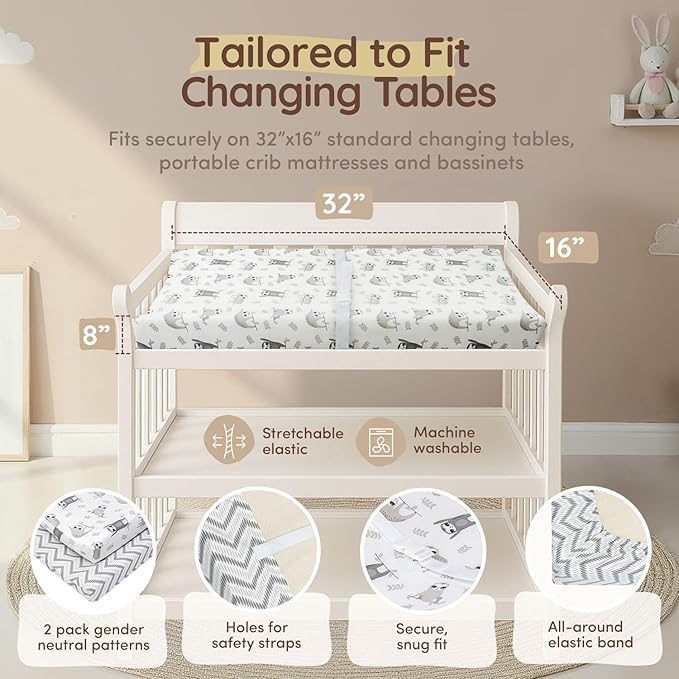 Baby Changing Pad Covers Table Sheet 32" x 16", 8" Deep Pocket - Diaper Changing Pad Cover, 100% Cotton Chevron & Sloth Baby Sheets for Girl & Boy, 2 Pack, Designed in France, White-Grey