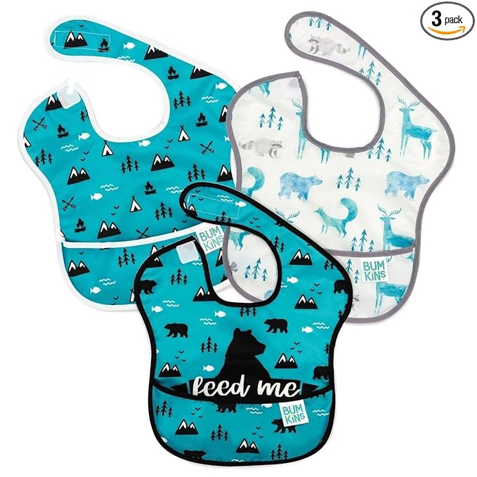 Bumkins Bibs for Girl or Boy, SuperBib Baby and Toddler for 6-24 Months, Essential Must Have for Eating, Feeding, Baby Led Weaning Supplies, Mess Saving Catch Food, 3-pk Outdoors and Wildlife