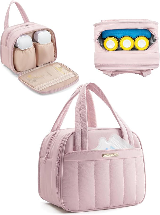 Marscamd Quilted Wearable Breast Pump Bag with Cooler Compartment, Wearable Pump Case Compatible with Momcozy and Most Brand Hands-Free Breast Pumps, Pink