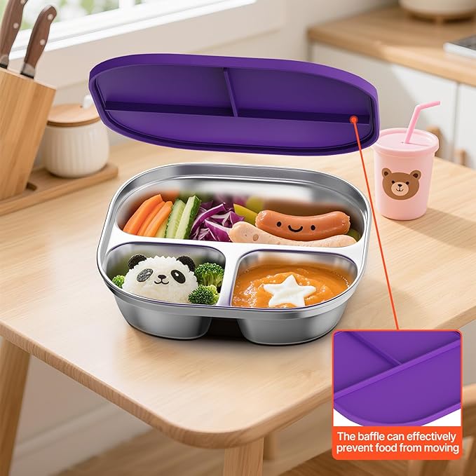 Set of 4 Snack Containers,Stainless Steel Kids Plates,Stainless Steel Toddler Plate with Silicone Lids- Reusable Meal Prep Lunch Containers for Kids Non Toxic & 100% BPA Free （Pink）