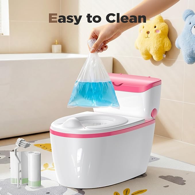 3-in-1 Toddler Potty Training Toilet with Flushing Sound, Wipes Storage & Toilet Paper Holder, Realistic Potty Chair with Detachable Seat and Easy-Clean Design for Boys & Girls Ages 18+ Months (Pink)