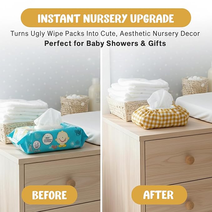 Baby Wipes Cover – Universal Size, One Size Fits All Wipes Packages | Muslin Cotton Tissue Cover for Nursery, Diaper Bag & Changing Table, Station | Gingham & Neutral Patterns (Mustard Yellow Gingham)
