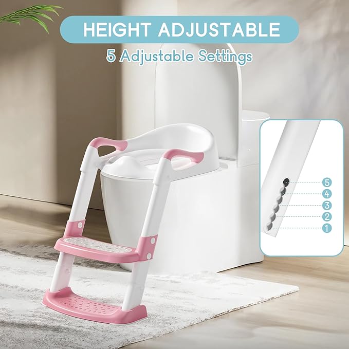 COOSEYA Potty Training Toilet with Step Stool Ladder, Toddler Kids Potty Training Seat for Boys Girls, Foldable Anti-Slip Toilet Toddler Seat Splash Guard Soft Cushion Safety Handles (Pink)