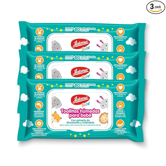 JALOMA Baby Wipes with Chamomile and Calendula Extract, Hypoallergenic and Paraben Free, 3-Pack of 80 Wet Wipes (240 Count)