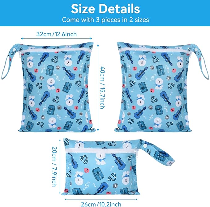 OTraki 3pcs Baby Cloth Diaper Wet Dry Bags with Zippered & Handle Waterproof Reusable Travel Beach Pool Daycare Baby Items Yoga Gym Bag Drying Do Not Exceed 176℉