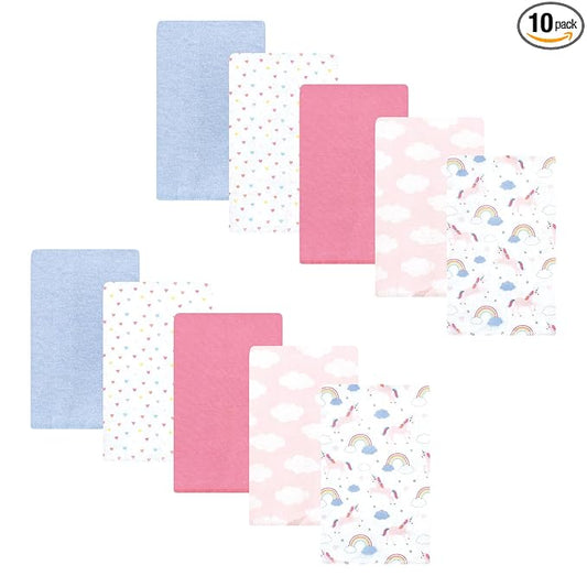 Hudson Baby Unisex Baby Cotton Flannel Burp Cloths, Unicorns Rainbows 10 Pack, One Size