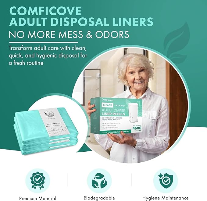 8 Pack Adult Diaper Liner Refills, Compatible with Janibell Akord 330 Model, Adult Diaper System to Eliminate Waste, Odor Resistant by Comficove (8pk)