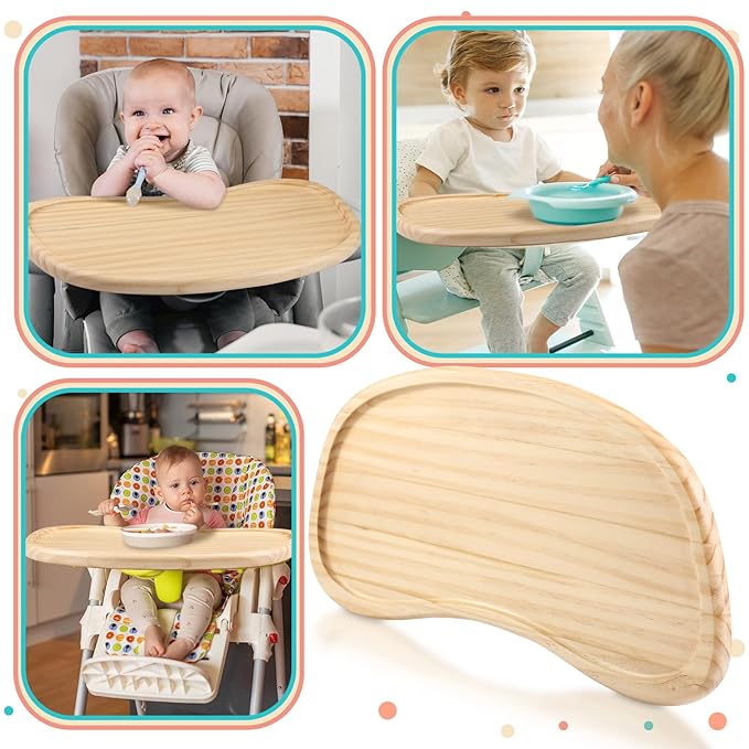 Wonderjune Baby Wooden High Chair Tray, Antique Vintage Toddler Infant Seat Tray Replacement Universal Wooden High Chair Accessory for Kitchen Toddlers and Babies Home Finger Foods Placemat