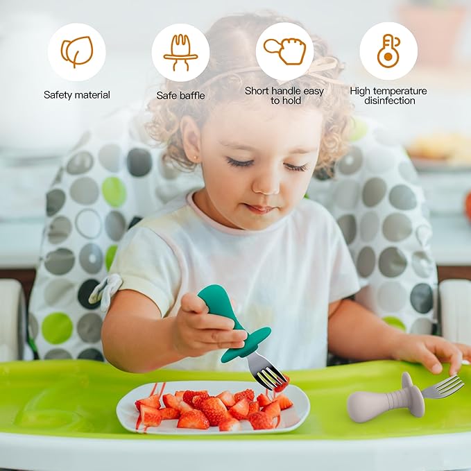 Baby Forks Toddler Forks for Self Feeding, Kids Forks with Silicone Round Handle, Stainless Steel Toddler Utensils Children Safe Silverware Set, Anti-Choke Design, BPA Free - Green Blue