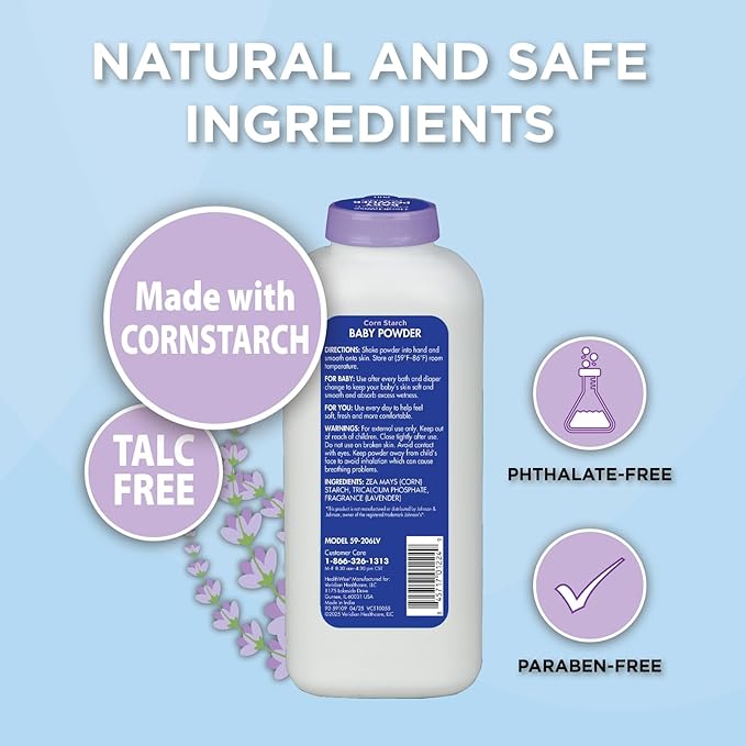 HealthWise Corn Starch Baby Powder | Soothing Lavender Scent | Talc Free | Paraben & Phthalate Free | Absorbs Moisture | 15 oz (425g)