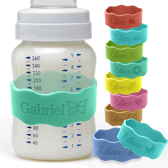 Personalized Baby Bottle Labels for Daycare Custom Silicone Water Bottle Bands Engraved Customized Reusable Name Straps for Kids Girl Boy Baby Shower Gifts Turquoise