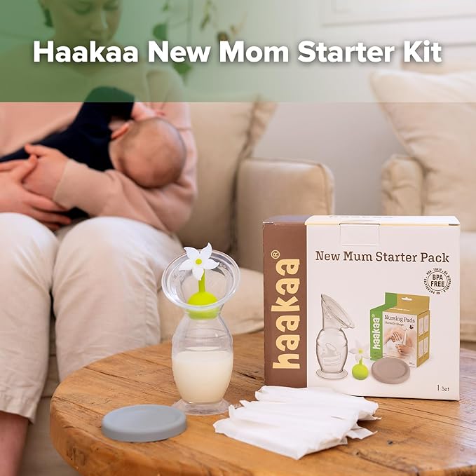 haakaa New Mum Starter Pack, Silicone Manual Breast Pump with Silicone Cap & Flower Stopper (5oz/150ml), Disposable Nursing Pads 36 Count for Breastfeeding