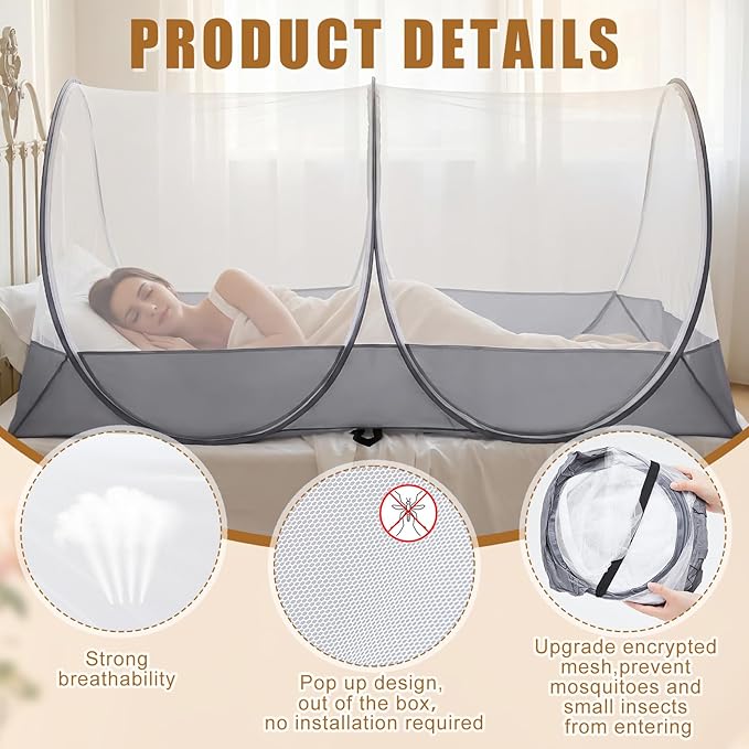 2 Pcs Large Pop up Mosquito Tent Portable Foldable Mosquito Bug Net for Bed Camping Travel Patio Outdoor 78 * 39 * 28 Inch Bug Netting Mesh Tent Canopy for Adults Bedroom, Grey