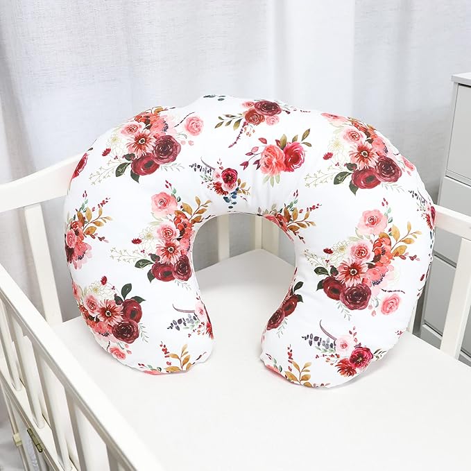 SWESEN Floral Nursing Pillow Cover for Baby Girl, Soft Organic Breastfeeding Pillow Slipcover, Burgundy Watercolor Flower