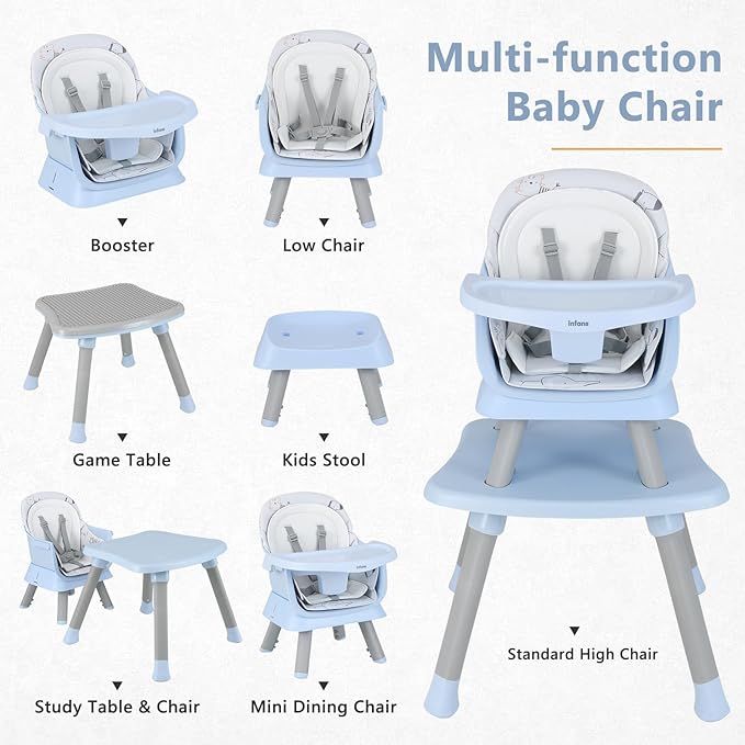 INFANS 8 in 1 Baby High Chair, Convertible Highchair for Babies and Toddlers, Infant Dining Booster Seat, Building Block Table, Kids Stool Table Chair Set with Removable Tray