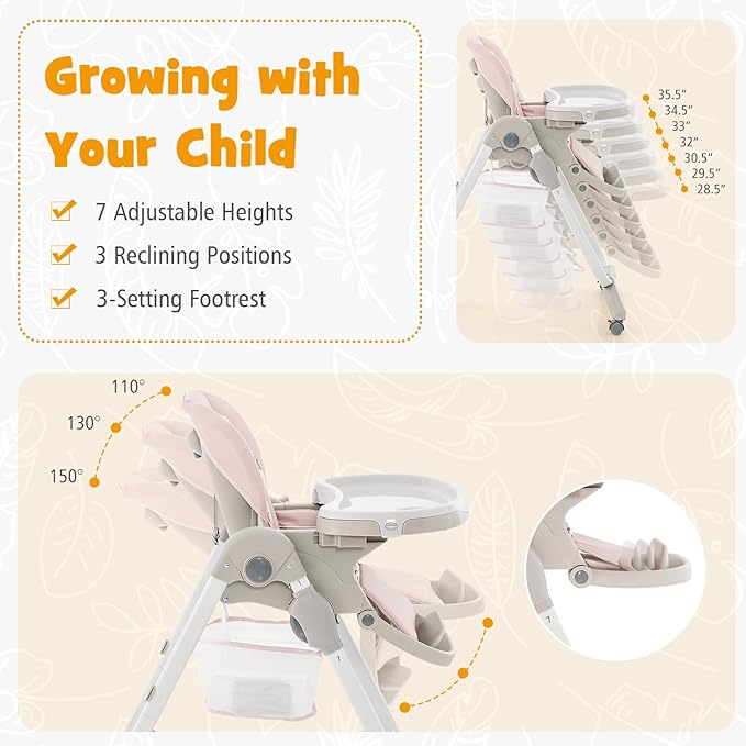 BABY JOY High Chair, Foldable Baby High Chair with Adjustable Height, Recline & Footrest, Double Removable Tray, Storage Basket, Portable Chair with Wheels for Babies & Toddlers (Pink)