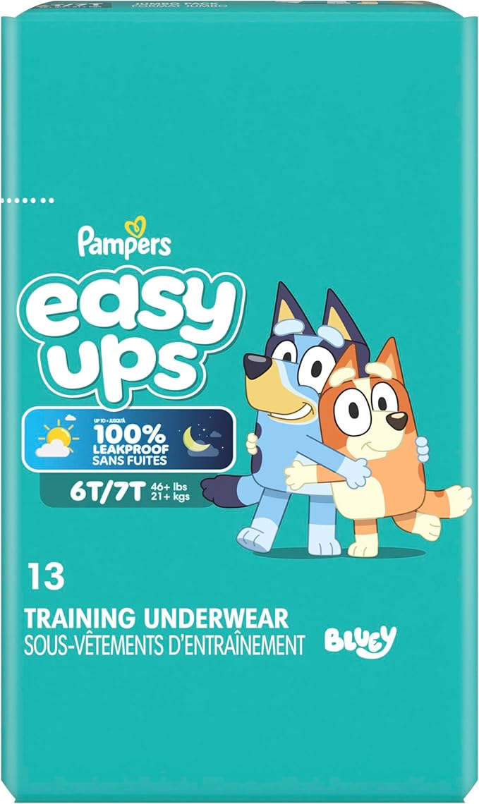 Easy Ups Girls & Boys Potty Training Pants, Size 6T-7T, 13 Count, Bluey Absorbent Training Underwear, Up to 100% Leakproof Day and Night, Hypoallergenic (Packaging May Vary)