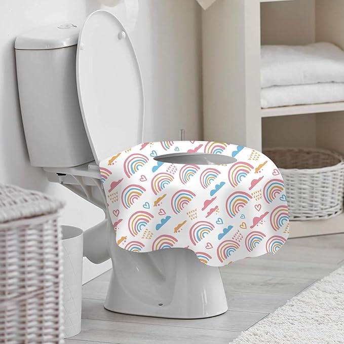 DEEKI 60 Pack Toilet Seat Covers Disposable, Safe No-Slip Waterproof for Kids Toddlers Use in Potty Training Public Restrooms Toilets, Portable Clean Covers for Adults Travel -Rainbow (60 P)