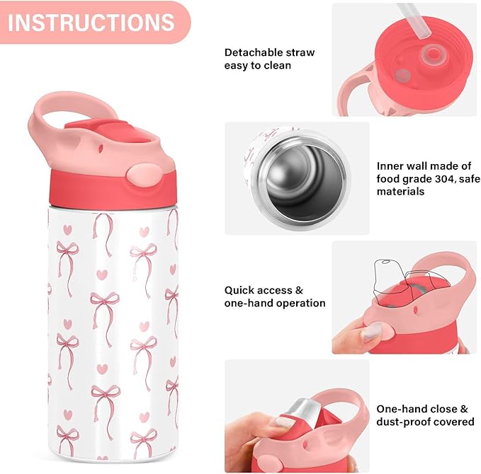 Pink Ribbon Bow Kids Water Bottle with Straw and Carry Handle Heart Bow Tie White Cute Vacuum Insulated Stainless Steel Bottles Leak-Proof for Boys Girls Toddler 12 oz Pink Lid