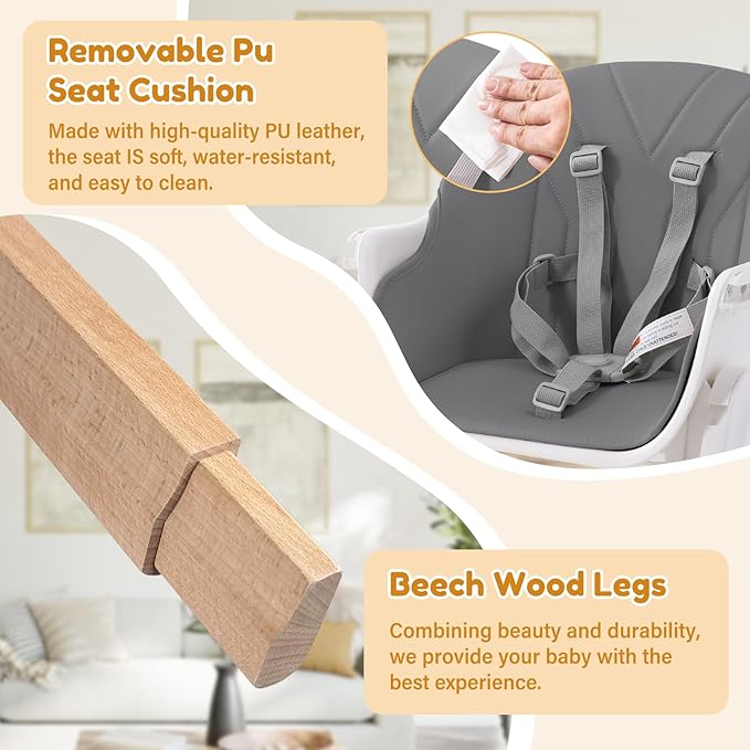 Baby High Chair, 4 in 1 Wooden Convertible High Chair for Babies and Toddlers with Erase Board, Highchair for Baby & Toddler, 5-Point Safety Belt & Waterproof PU Cushion (Grey)