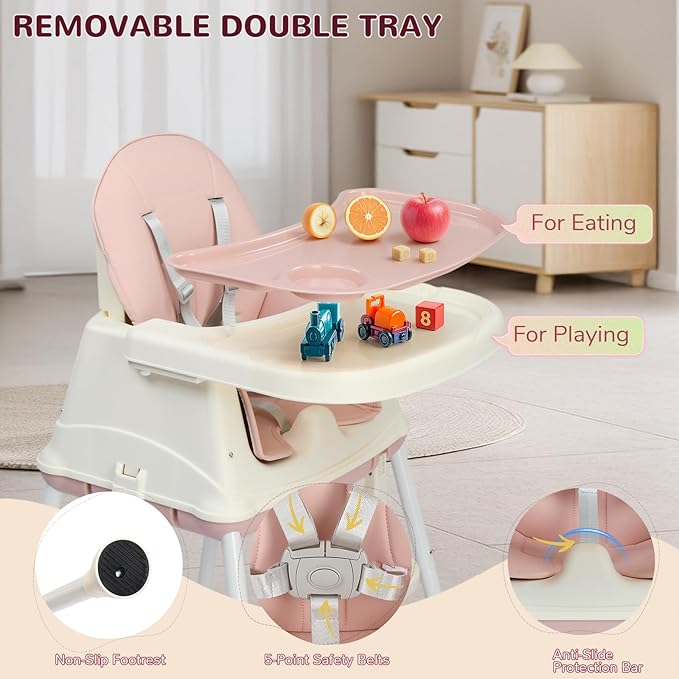 Ktaxon 6-in-1 Baby High Chair, Portable Convertible Highchair with Removable Dual-Layer Tray, 5-Point Safety Harness and Locking Wheels for Toddlers & Babies, Pink