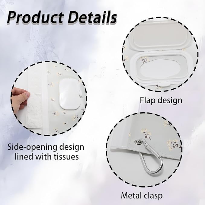 2 Pack Wipes Dispenser, Portable Wipe Container with Hanging Loop, Refillable Wet Wipes Pouch for Hiking, Traveling, Outdoor Outing or Camping (Floral)