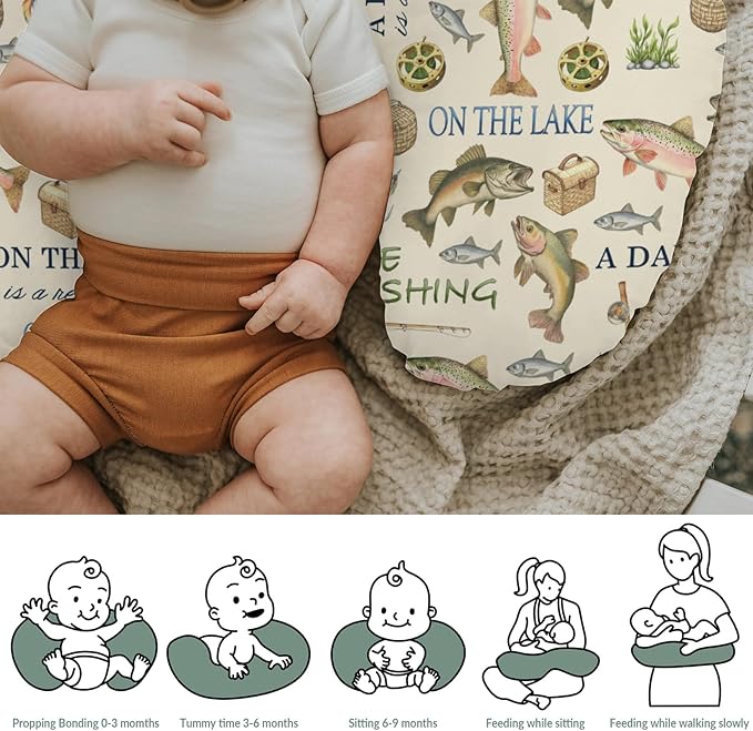 Gone Fishing Nursing Pillow Covers for Boy Girl Vintage Lake Fishing Lovers Gift Nursing Pillow Slipcovers for Breastfeeding Pillows Vacation Outdoors Adventure Soft Stretchy Cover for Newborn Infant