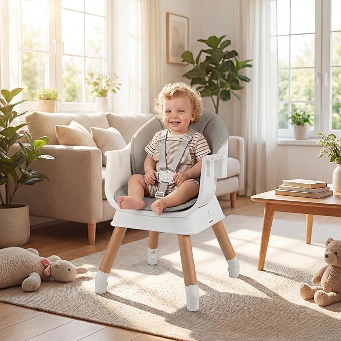 HONEY JOY 9-in-1 Baby High Chair, Convertible Wood Highchair for Babies and Toddlers/Dining Booster Seat/Table & Chair Set, Toddler Stool w/5-Point Safety Harness, Removable Cushion & Tray (Gray)