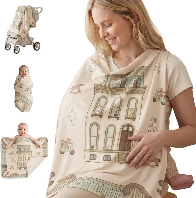 Baby Nursing Cover Muslin Blanket and Nursing Covers with Cute Building Print Multi Use Scarf Carseat Canopy and Baby Essentials for Newborn Boy or Girl (Pets)