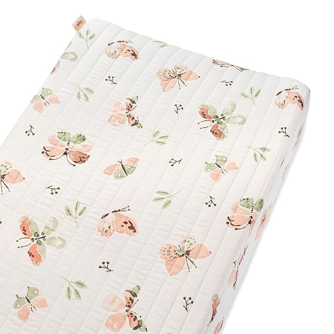 Crane Baby Changing Pad Cover, 100% Cotton Sateen Exterior, Pink Nursery Decor, Pink Butterfly Baby Changing Table Pad Cover, Fits Standard 16" x 32", Butterfly Nursery Decor, Change Table Sheets