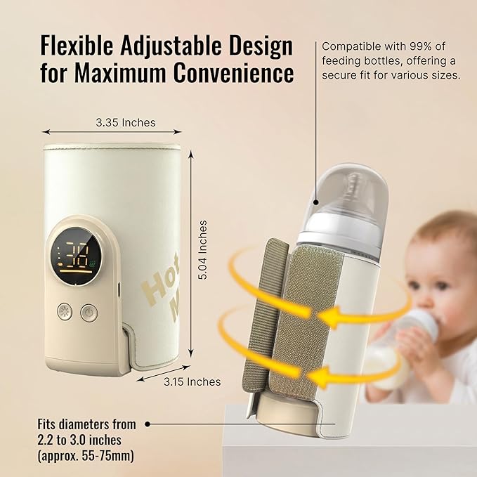 Portable Bottle Warmer for Travel - Car Waterless Bottle Warmer for Breastmilk & Formula Milk - Rechargeable Battery Powered Fast Heating with Temperature Control for On the Go Baby Feeding