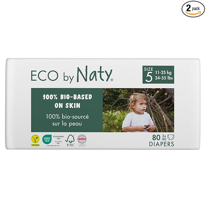 Eco by Naty Baby Diapers - Plant-Based Eco-Friendly Diapers, Great for Baby Sensitive Skin and Helps Prevent Leaking (Size 5, 80 Count)
