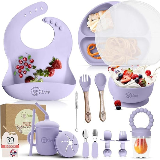 O'doe 17-Piece BPA-Free Silicone Baby Feeding Set | Thick & Soft Suction Plates, Baby Bowls, Wooden Fork & Spoon, and More | Make Mealtime Fun and Easy for Your Little One (Purple, V2)