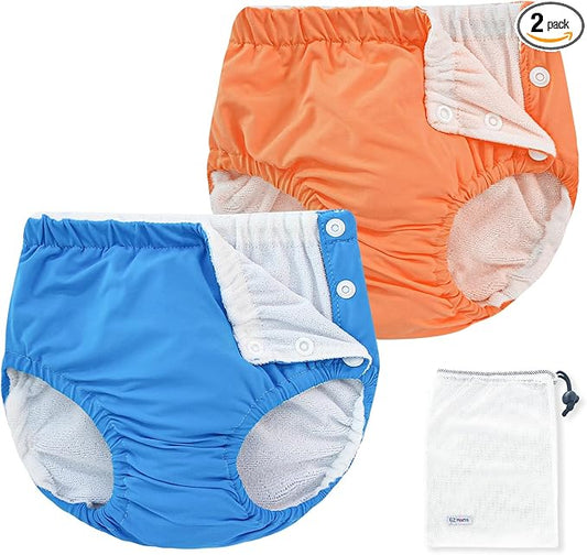 EZ Moms 2 Packs Reusable Swim Diapers Toddler Baby Swim Diaper Size 4 Washable Snap Pool Swimming Diaper 4T Soft and Silky Waterproof Diapers for Swimming Lessons Boys and Girls with a Laundry Bag