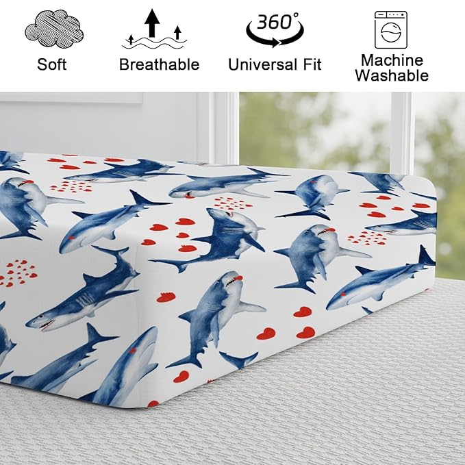 Sea Shark Hearts Changing Pad Cover Marine Ocean Animal Shark Love Baby Change Table Pad Cover for Boys Girls Soft Stretchy Fitted Diaper Changing Mat Sheets 32''x16''
