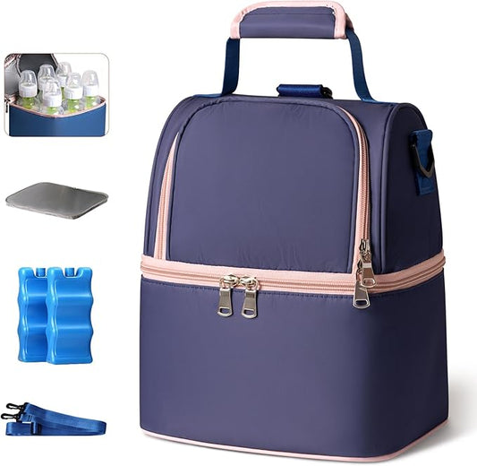 NCVI Breastmilk Cooler Bag with 2 Ice Pack, Breast Pump Bag with Cooler Fits 6 Bottles, Double Layer Breast Milk Baby Bottle Cooler Bag, for Travel, Nursing Mom Daycare, Work, Picnic (Purple)